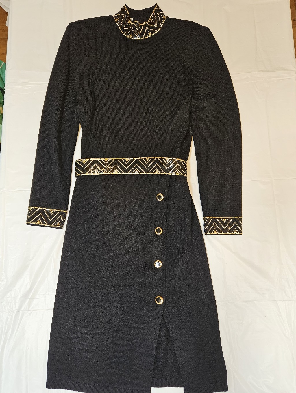 Vtg St John Black Evening Gold Embellishment Dress Long Sleeve Size 12